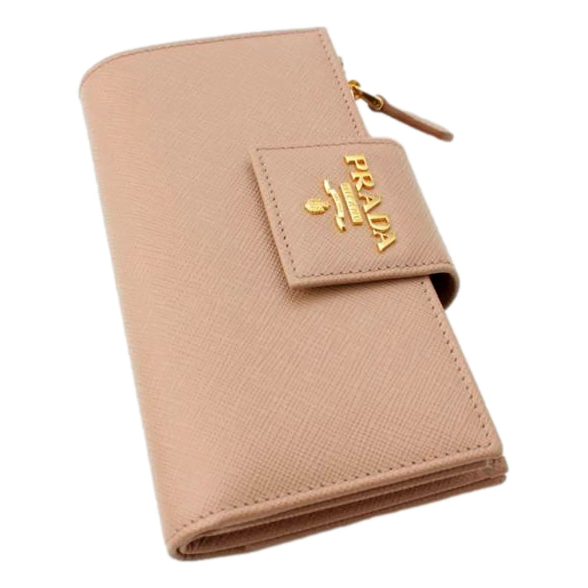 Prada Saffiano Leather Long Zipper Tri - Fold Wallet Cipria Beige Gold Prada Logo - Wallets - Clayton's Online Store