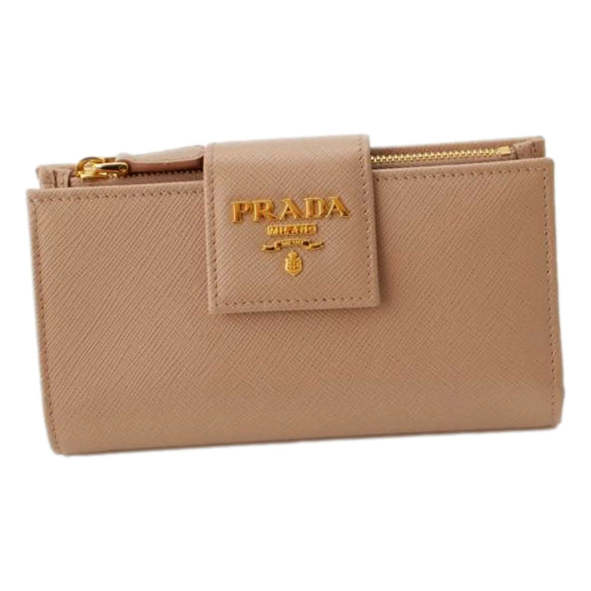 Prada Saffiano Leather Long Zipper Tri - Fold Wallet Cipria Beige Gold Prada Logo - Wallets - Clayton's Online Store