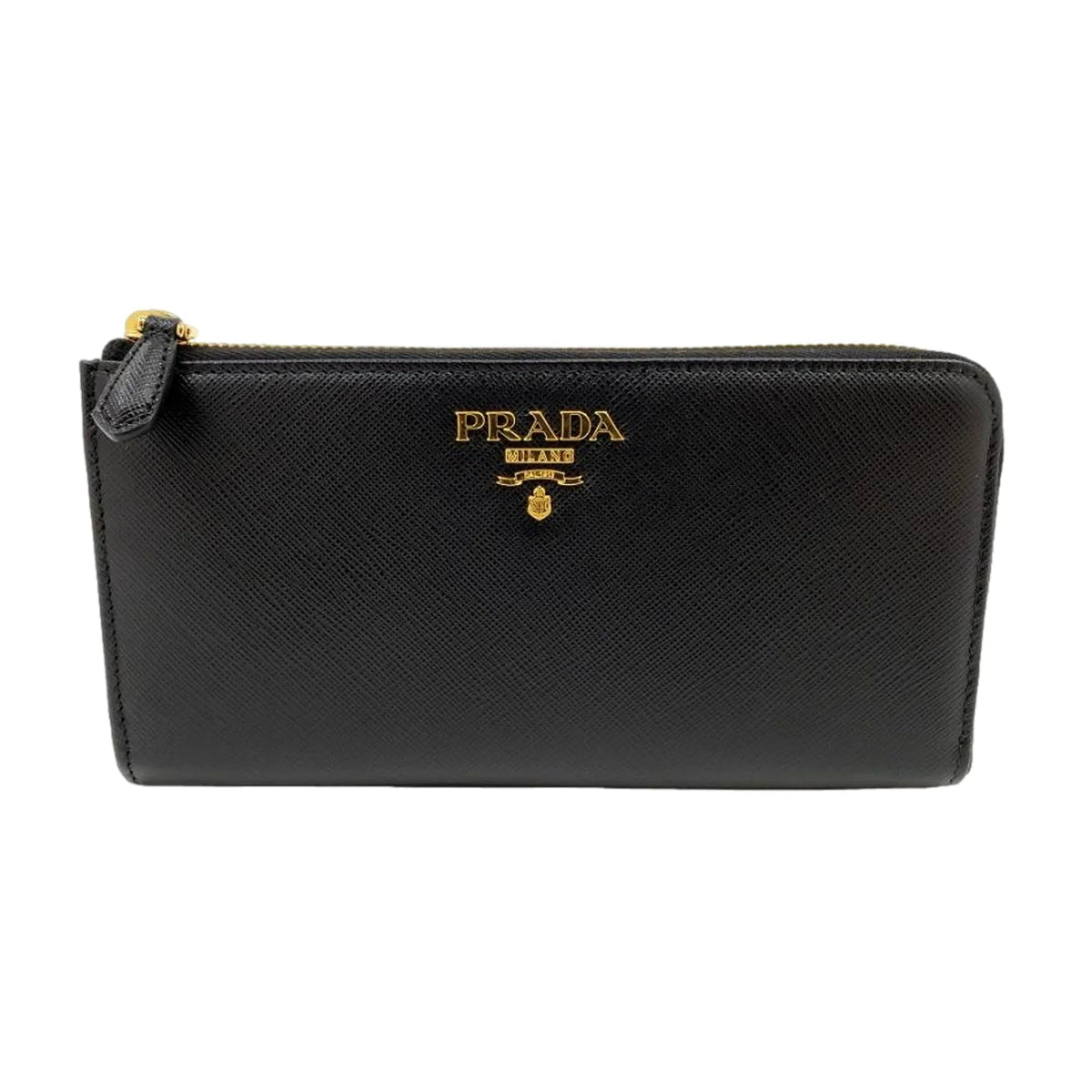 Prada Saffiano Long Continental Zip Wallet Black Leather Gold Logo - Wallets - Clayton's Online Store