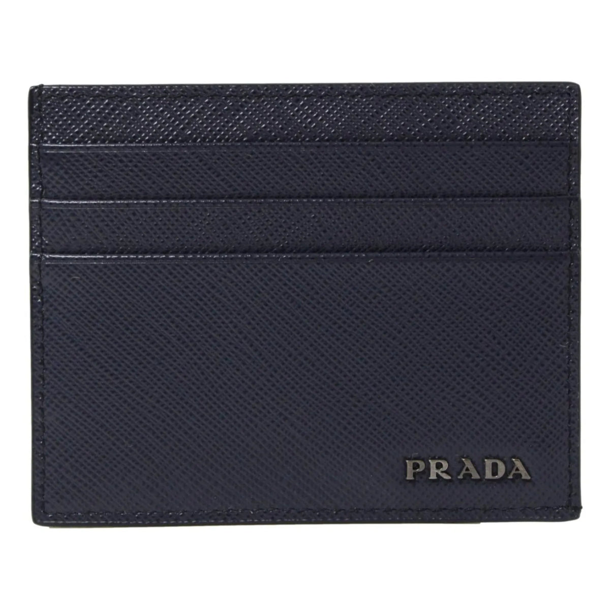 Prada Saffiano Mens Baltico Blue Credit Card Wallet Silver Logo