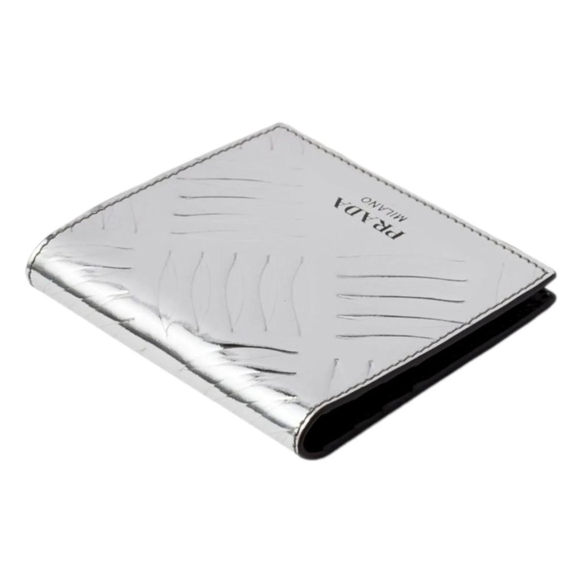 Prada Spazzolato Foldover Card Wallet Metallic Silver Embossed Leather - Wallets - Clayton's Online Store