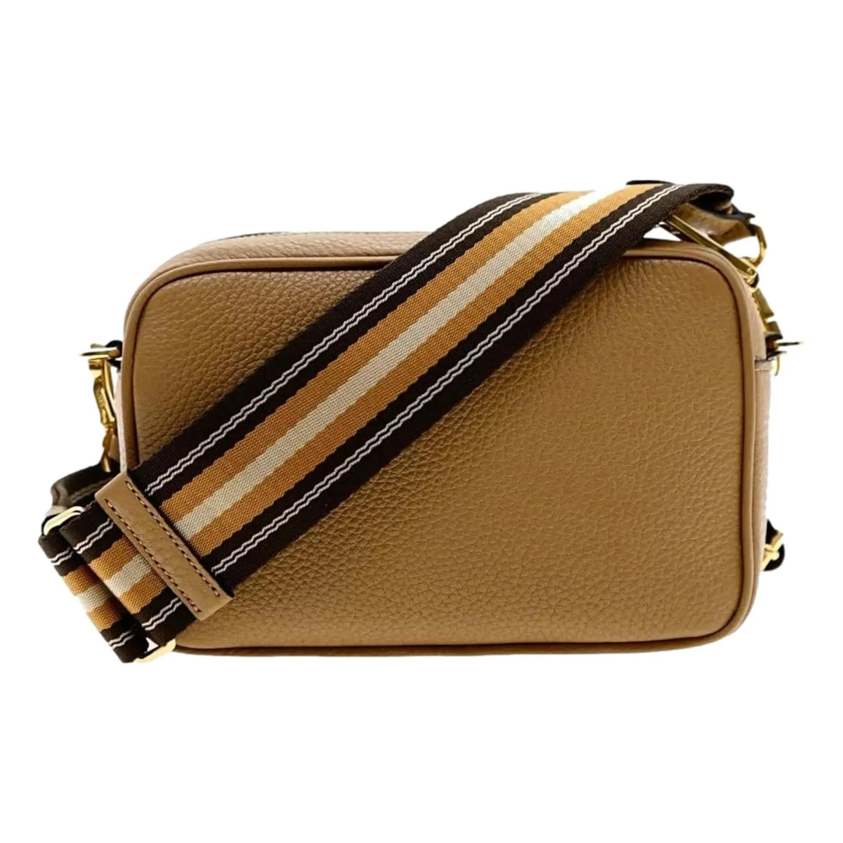 Prada Tan Caramel Leather Crossbody Bag Web Stripe Strap - Handbags - Clayton's Online Store