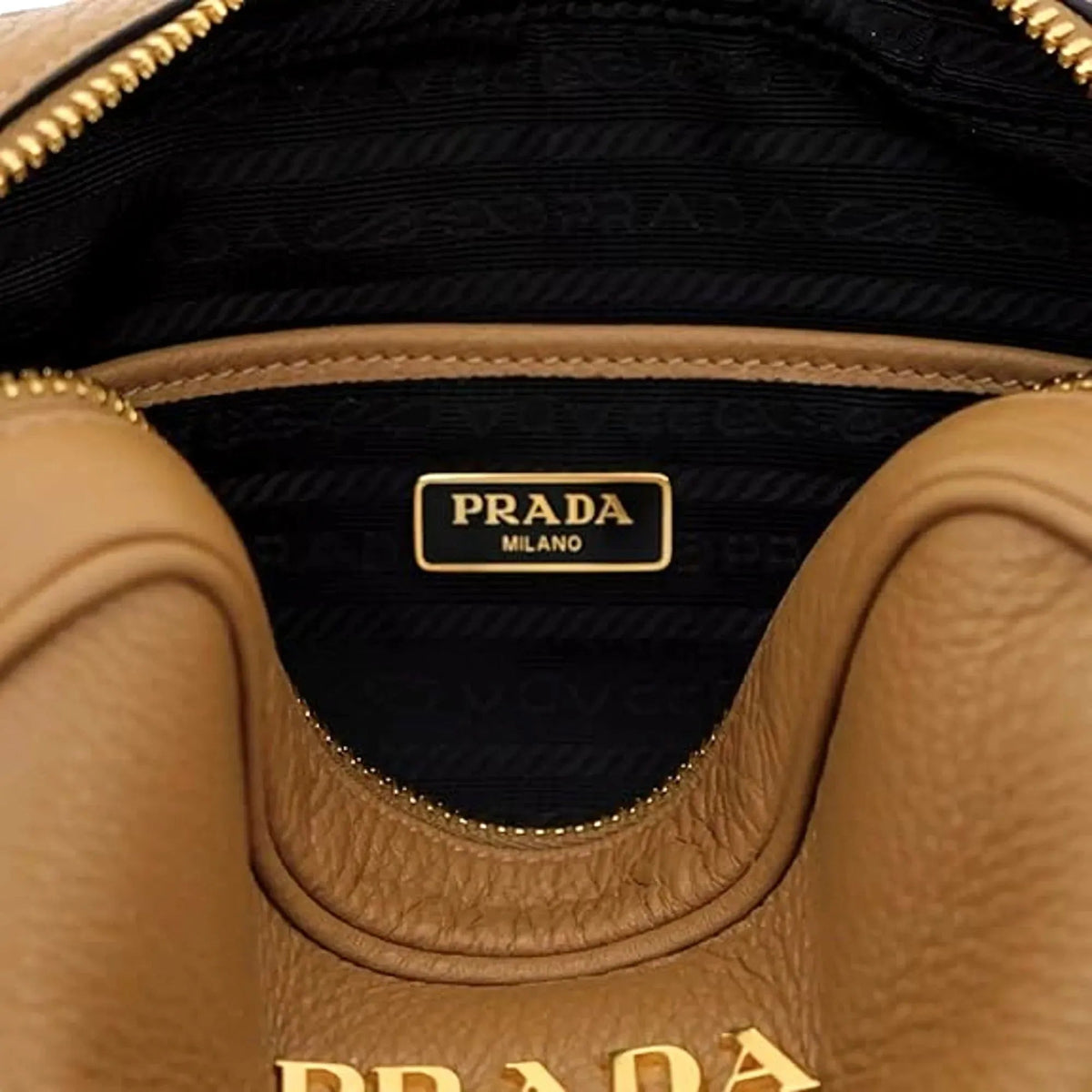 Prada Tan Caramel Leather Crossbody Bag Web Stripe Strap - Handbags - Clayton's Online Store