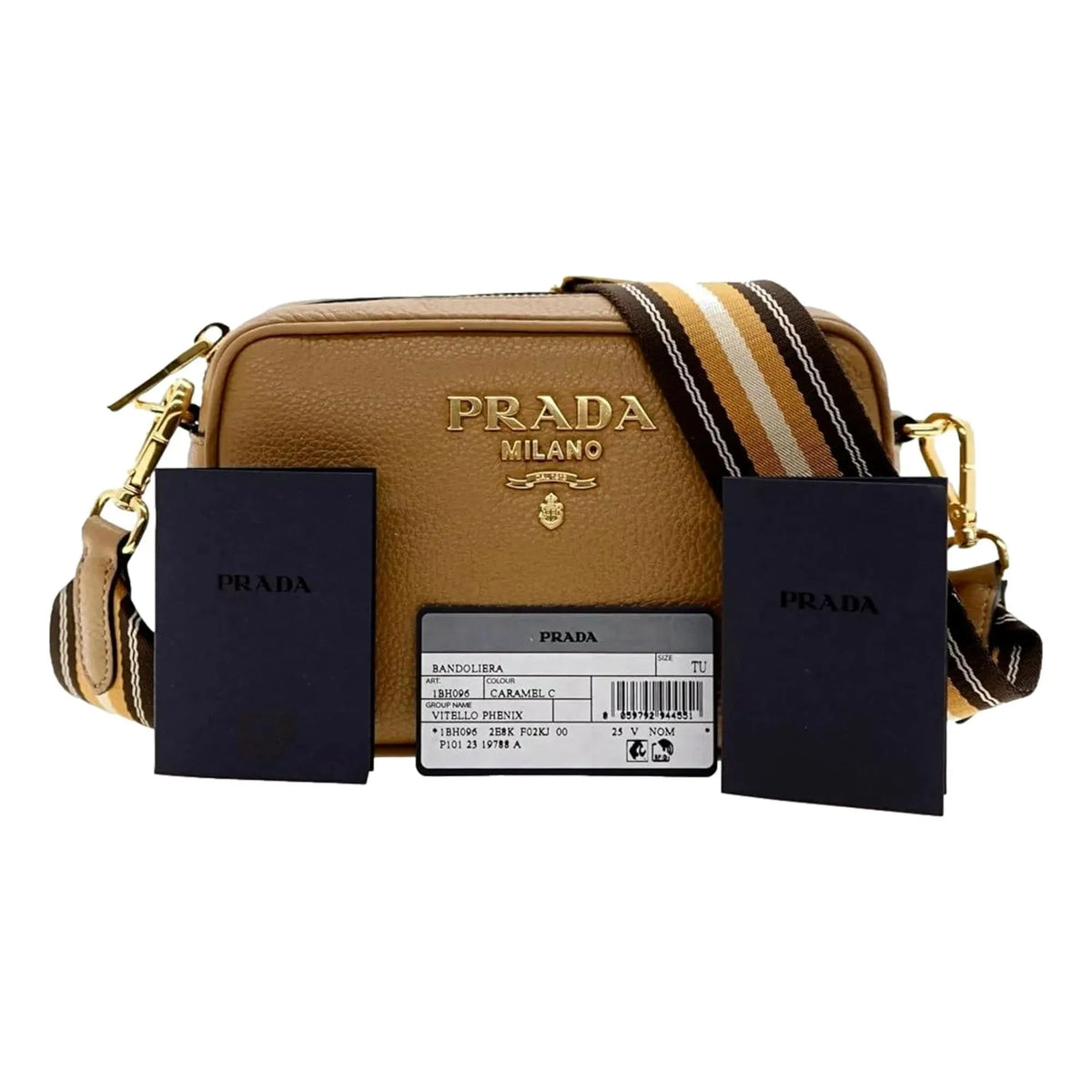 Prada Tan Caramel Leather Crossbody Bag Web Stripe Strap - Handbags - Clayton's Online Store