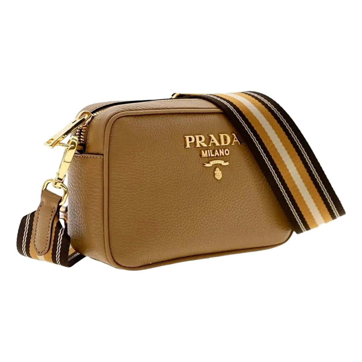 Prada Tan Caramel Leather Crossbody Bag Web Stripe Strap - Handbags - Clayton's Online Store