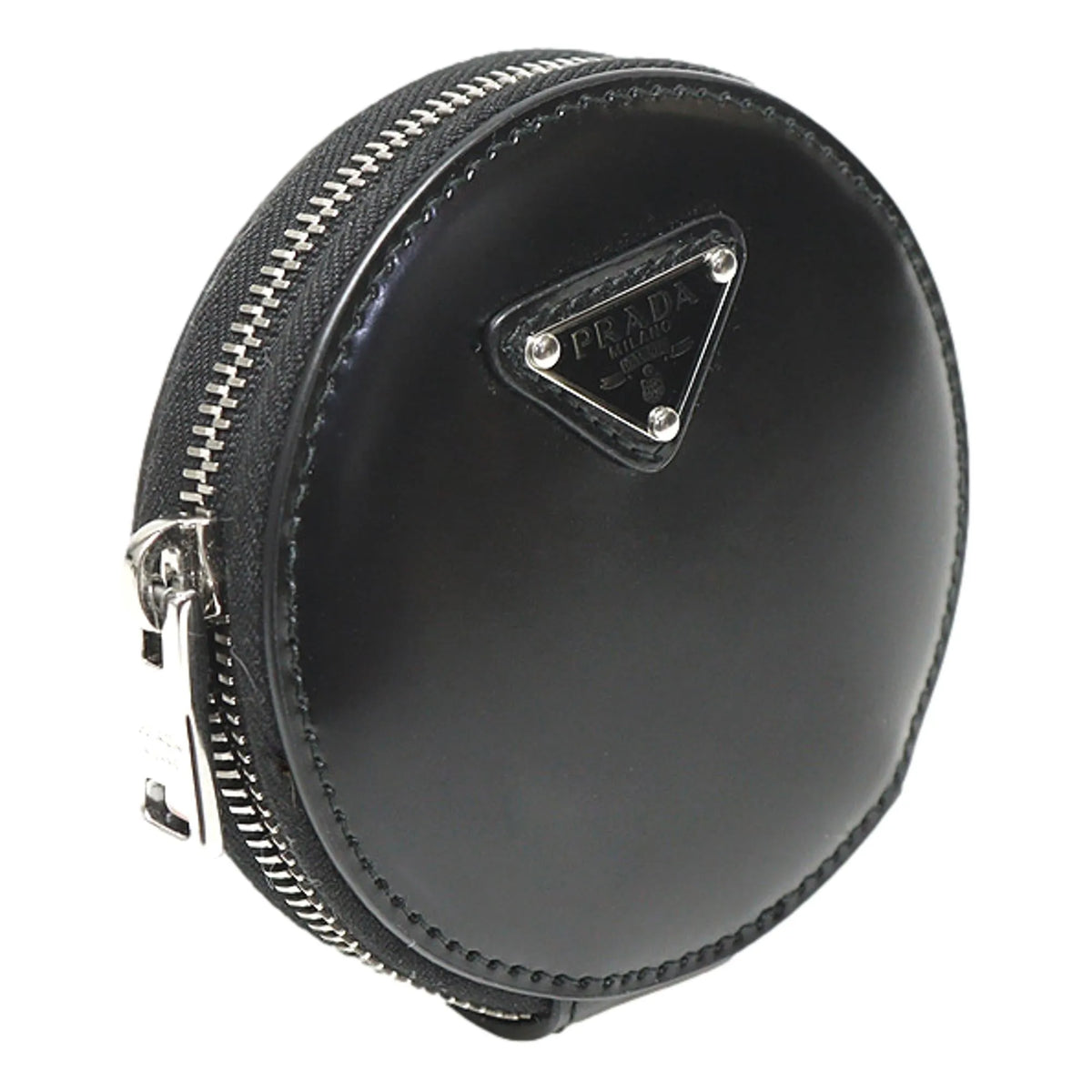 Prada Triangle Plaque Smooth Black Leather Round Mini Pouch Keychain