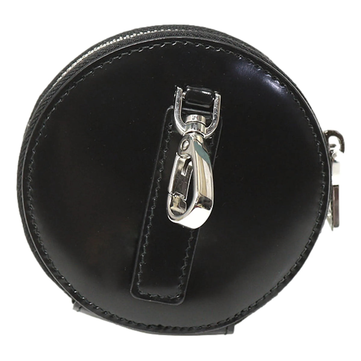 Prada Triangle Plaque Smooth Black Leather Round Mini Pouch Keychain