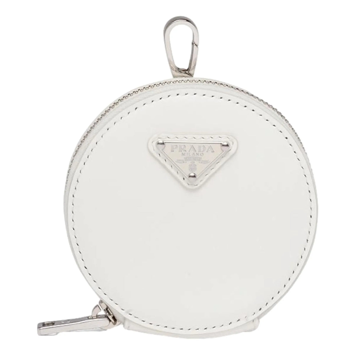 Prada Triangle Plaque Smooth White Leather Round Mini Pouch Keychain