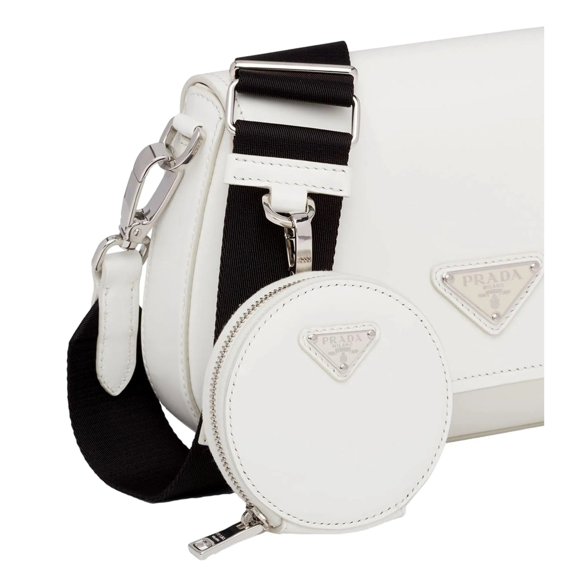 Prada Triangle Plaque Smooth White Leather Round Mini Pouch Keychain