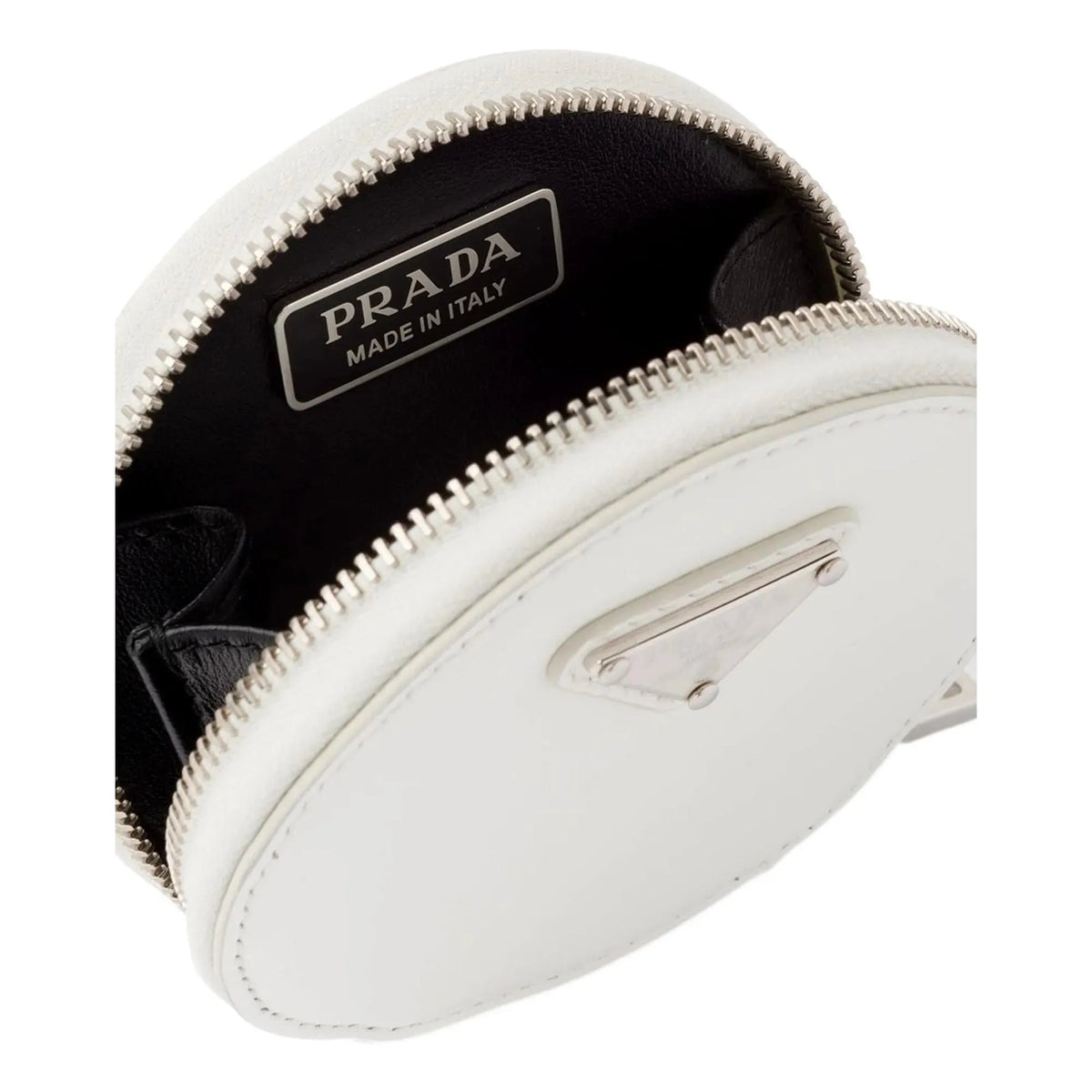 Prada Triangle Plaque Smooth White Leather Round Mini Pouch Keychain