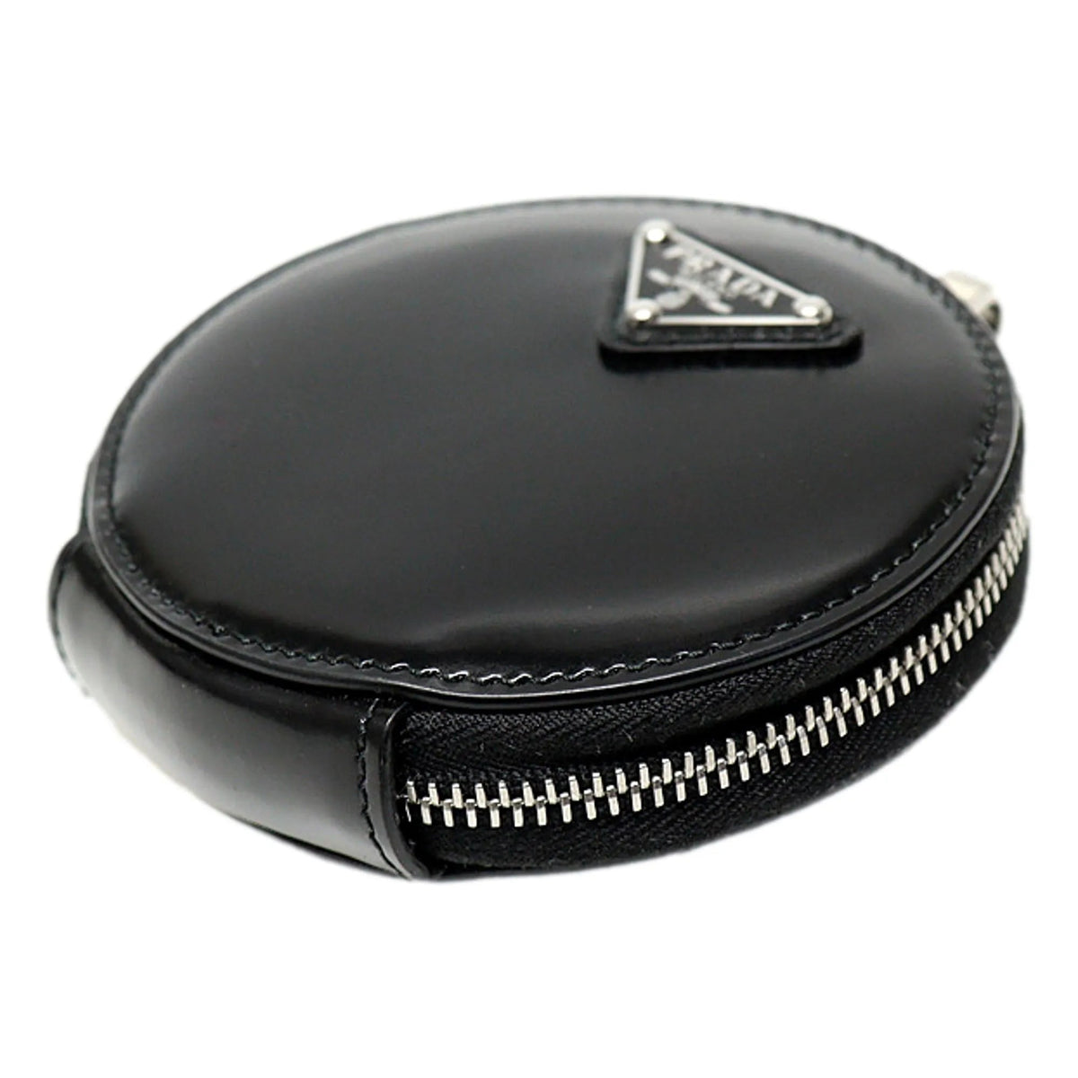 Prada Triangle Plaque Smooth Black Leather Round Mini Pouch Keychain - Keychains - Clayton's Online Store