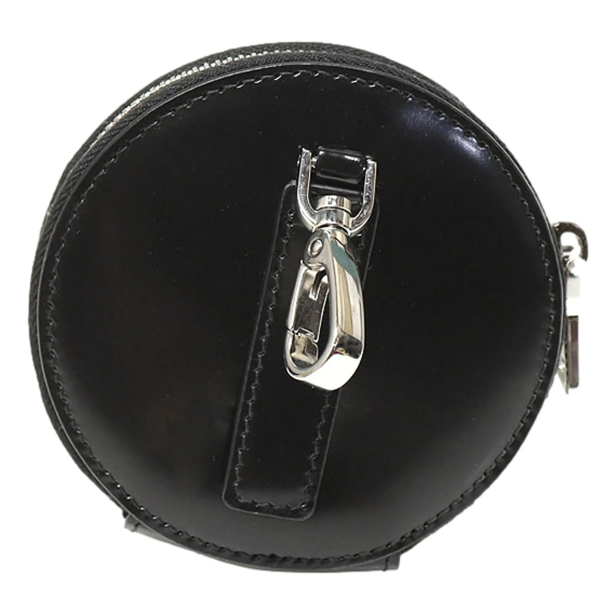 Prada Triangle Plaque Smooth Black Leather Round Mini Pouch Keychain - Keychains - Clayton's Online Store