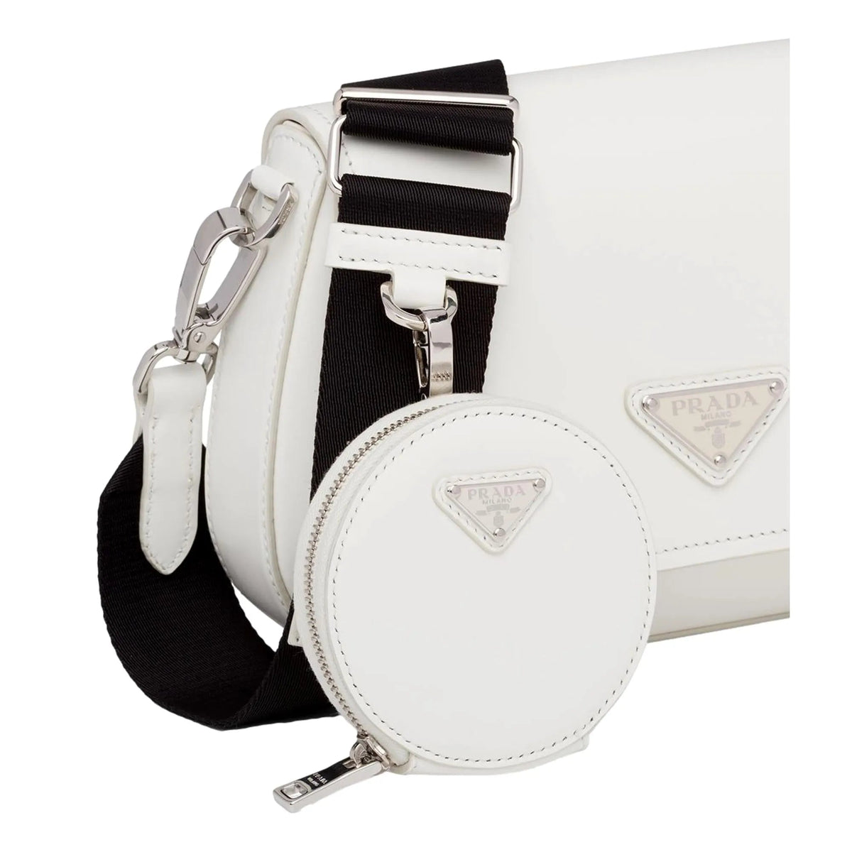 Prada Triangle Plaque Smooth White Leather Round Mini Pouch Keychain - Keychains - Clayton's Online Store