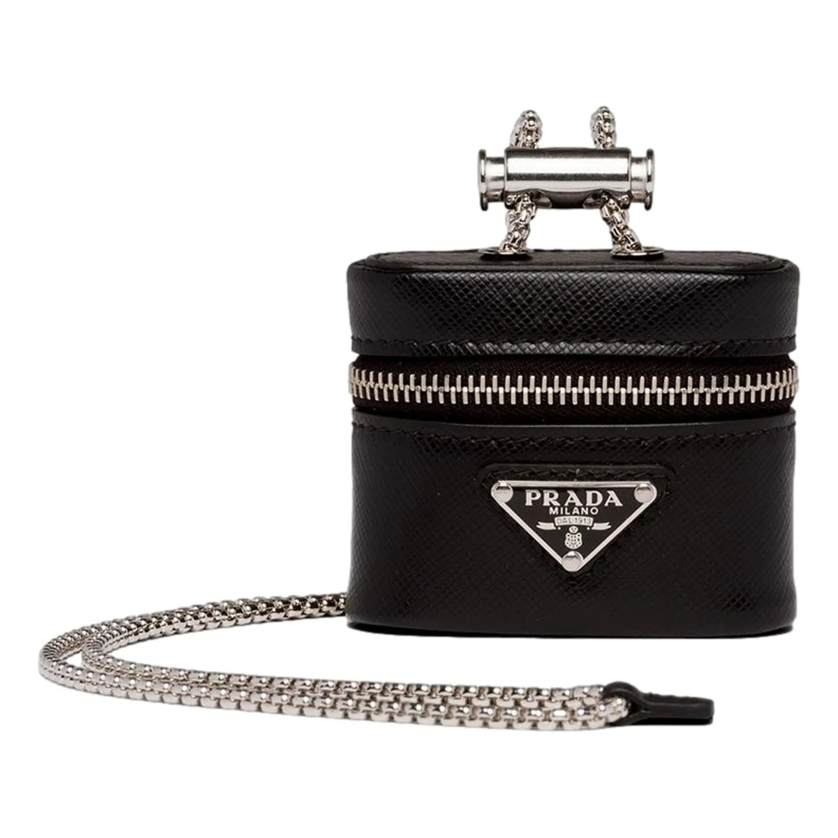 Prada Triangle Saffiano Black Leather Mini Airpods Case with Chain - Keychains - Clayton's Online Store