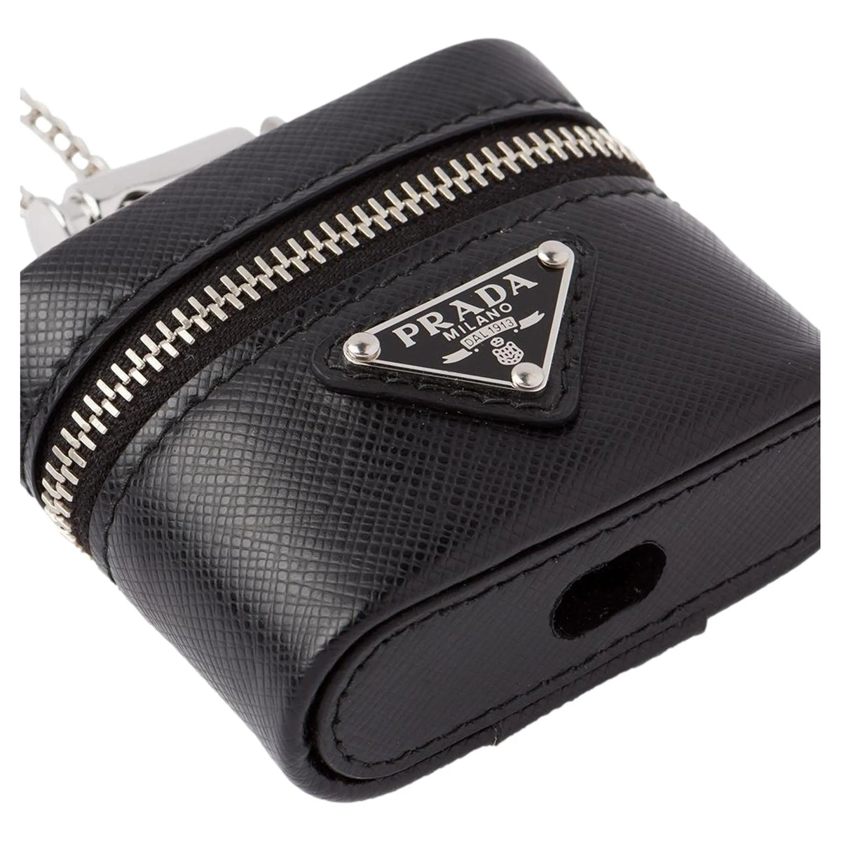 Prada Triangle Saffiano Black Leather Mini Airpods Case with Chain - Keychains - Clayton's Online Store