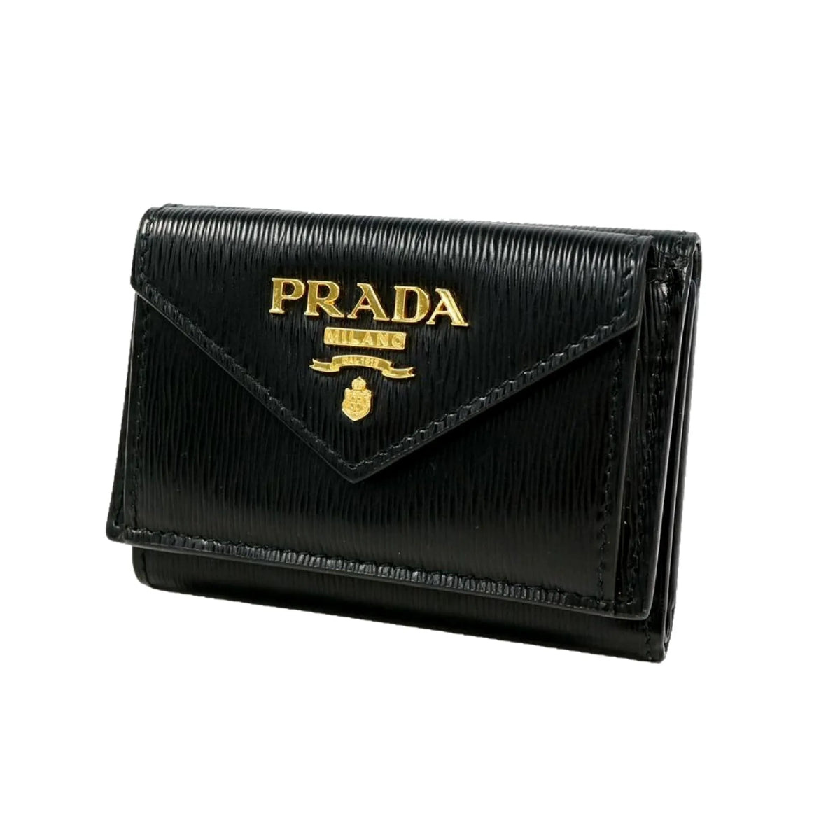 Prada Womens Vitello Move Black Leather Compact Envelope Trifold Wallet