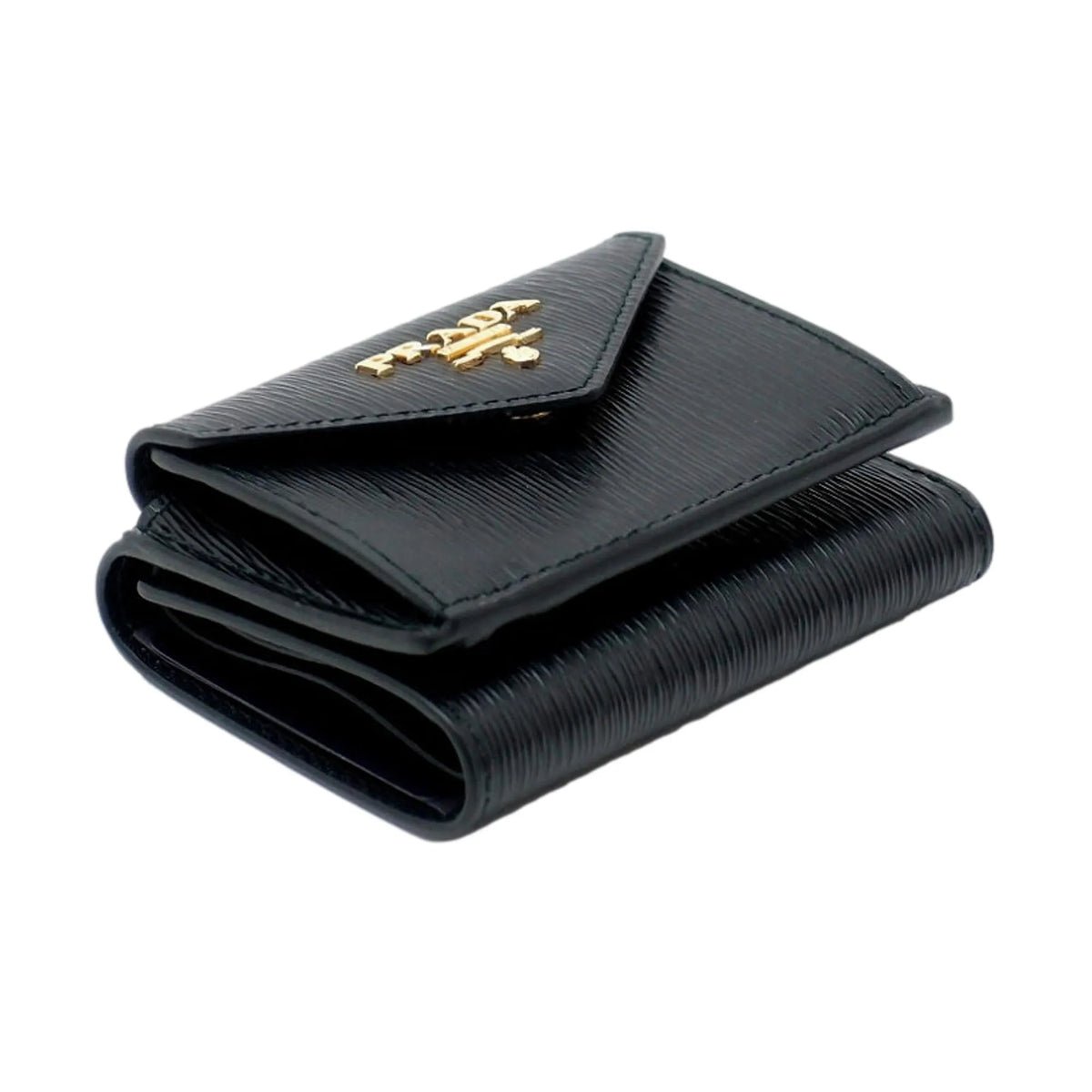 Prada Womens Vitello Move Black Leather Compact Envelope Trifold Wallet