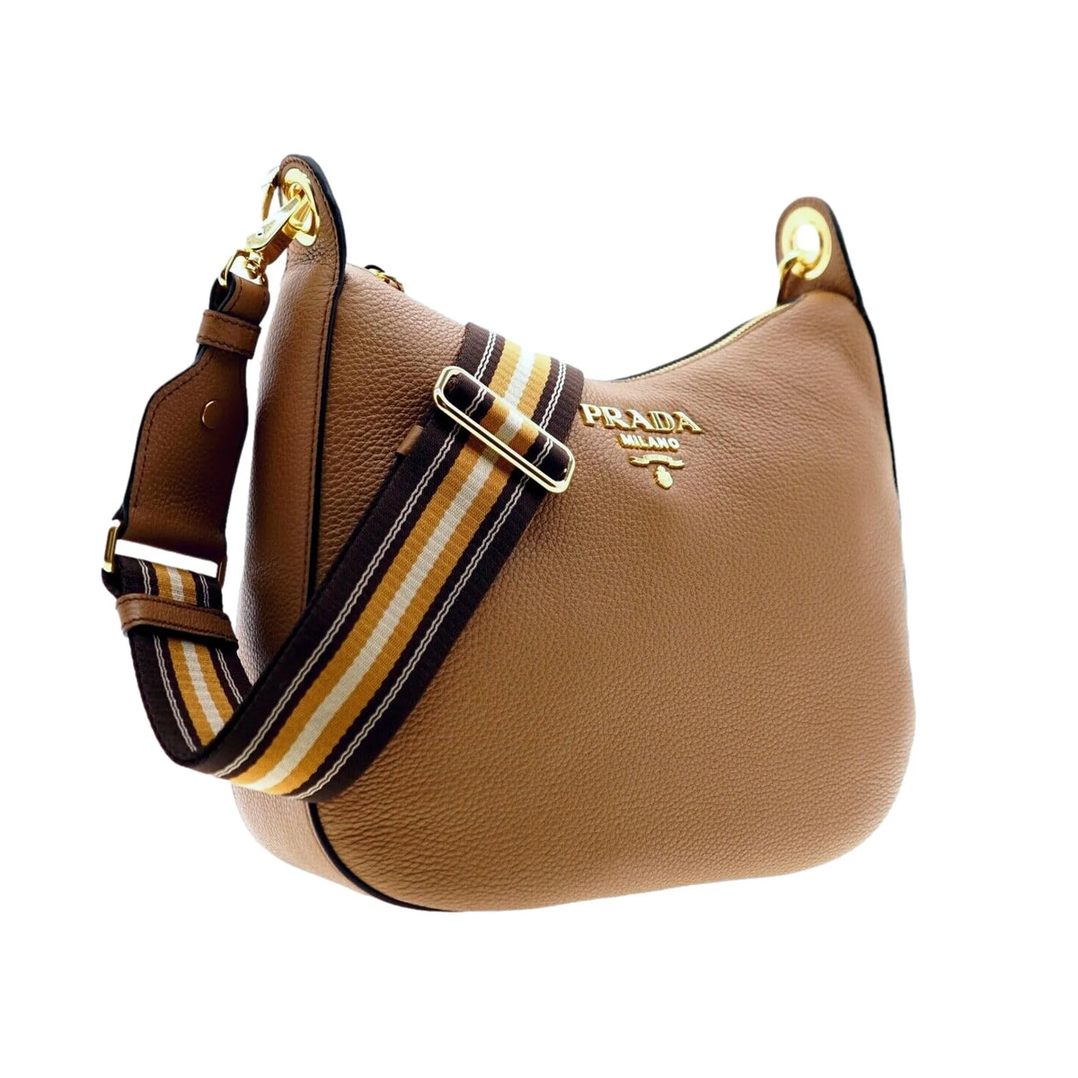 Prada Vitello Phenix Caramel Brown Leather Web Stripe Crossbody Bag