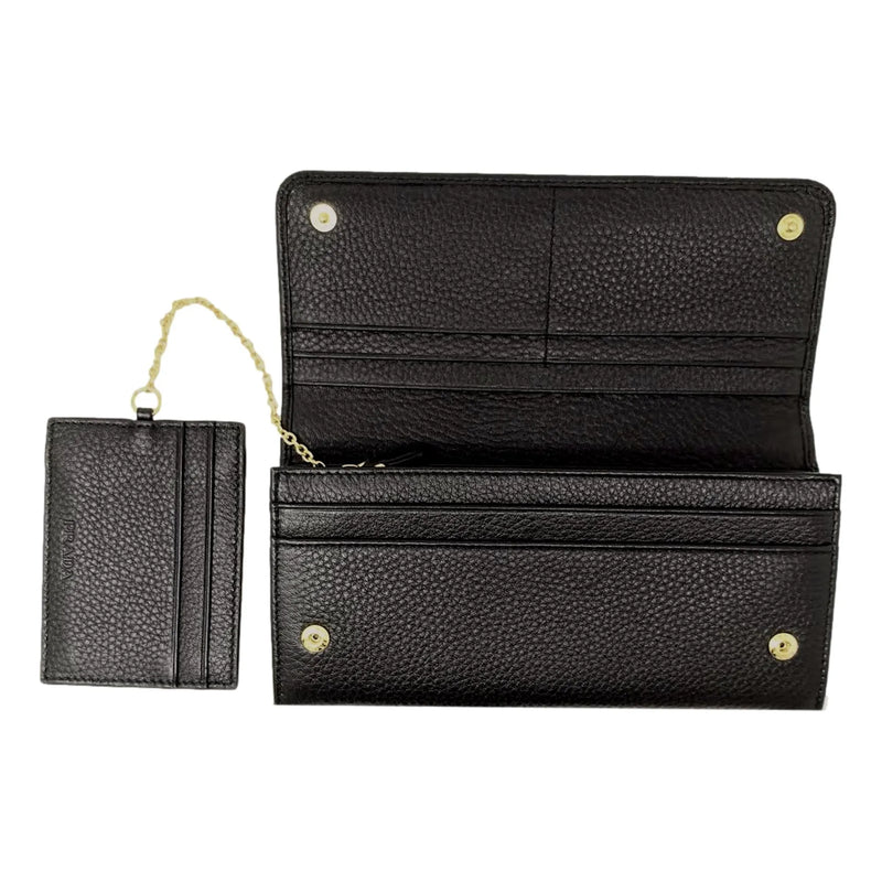 Prada Vitello Grain Black Leather ID Holder Continental Long Wallet