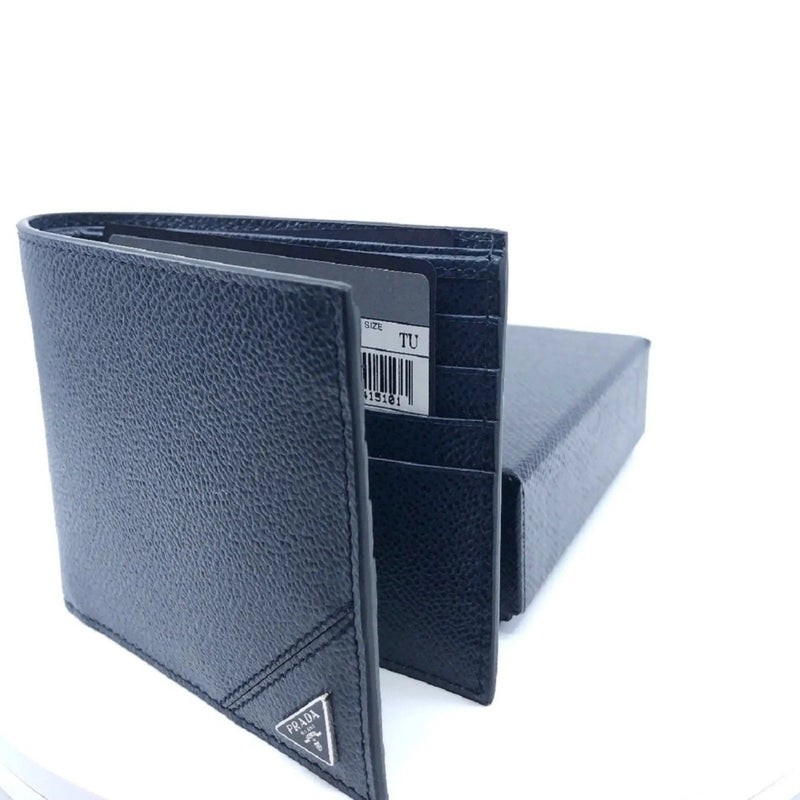 Prada Vitello Micro Grain Navy Blue Leather Triangle Logo Bifold Wallet - Wallets - Clayton's Online Store