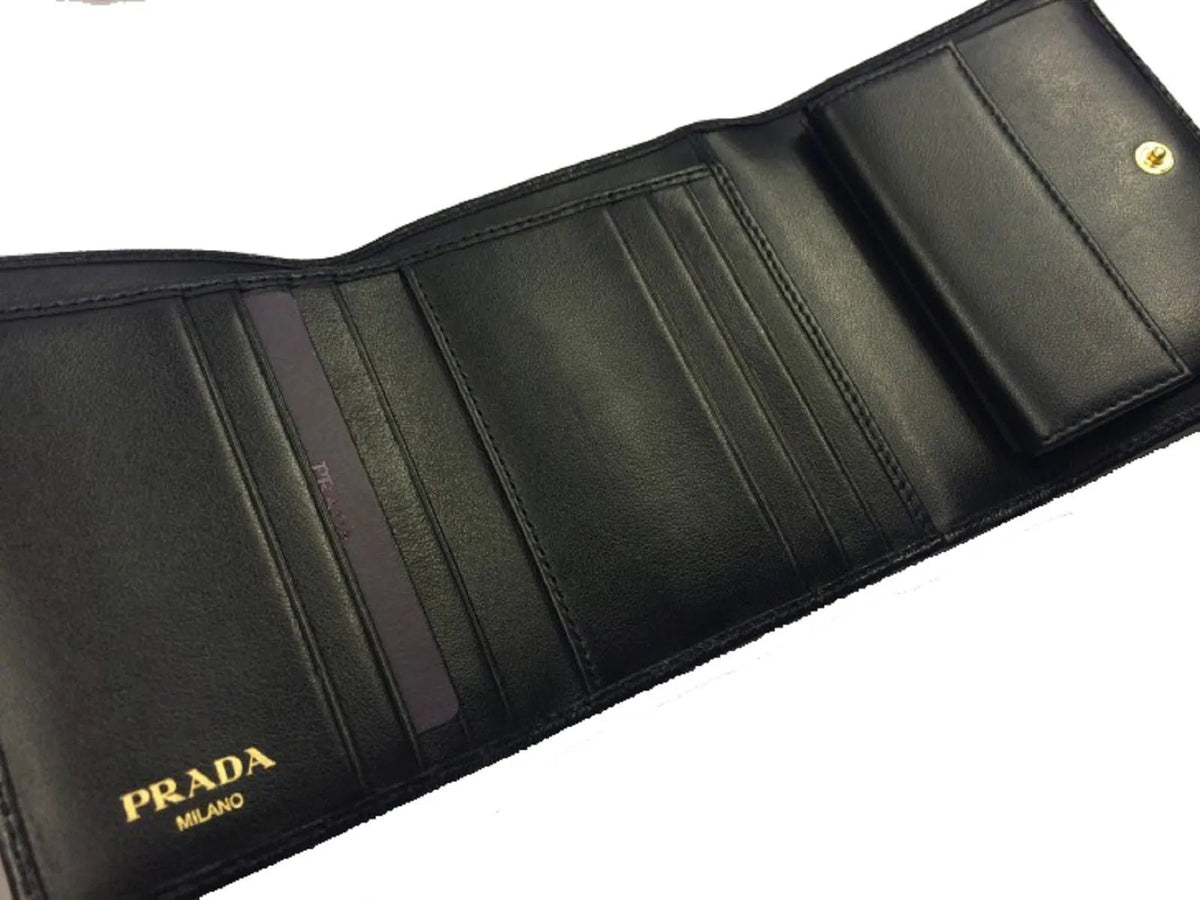 Prada Vitello Move Trifold Compact Wallet Black Leather Logo Plaque - Wallets - Clayton's Online Store