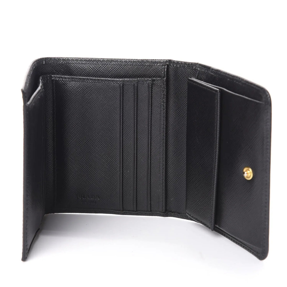 Prada Vitello Move Trifold Compact Wallet Black Leather Logo Plaque - Wallets - Clayton's Online Store