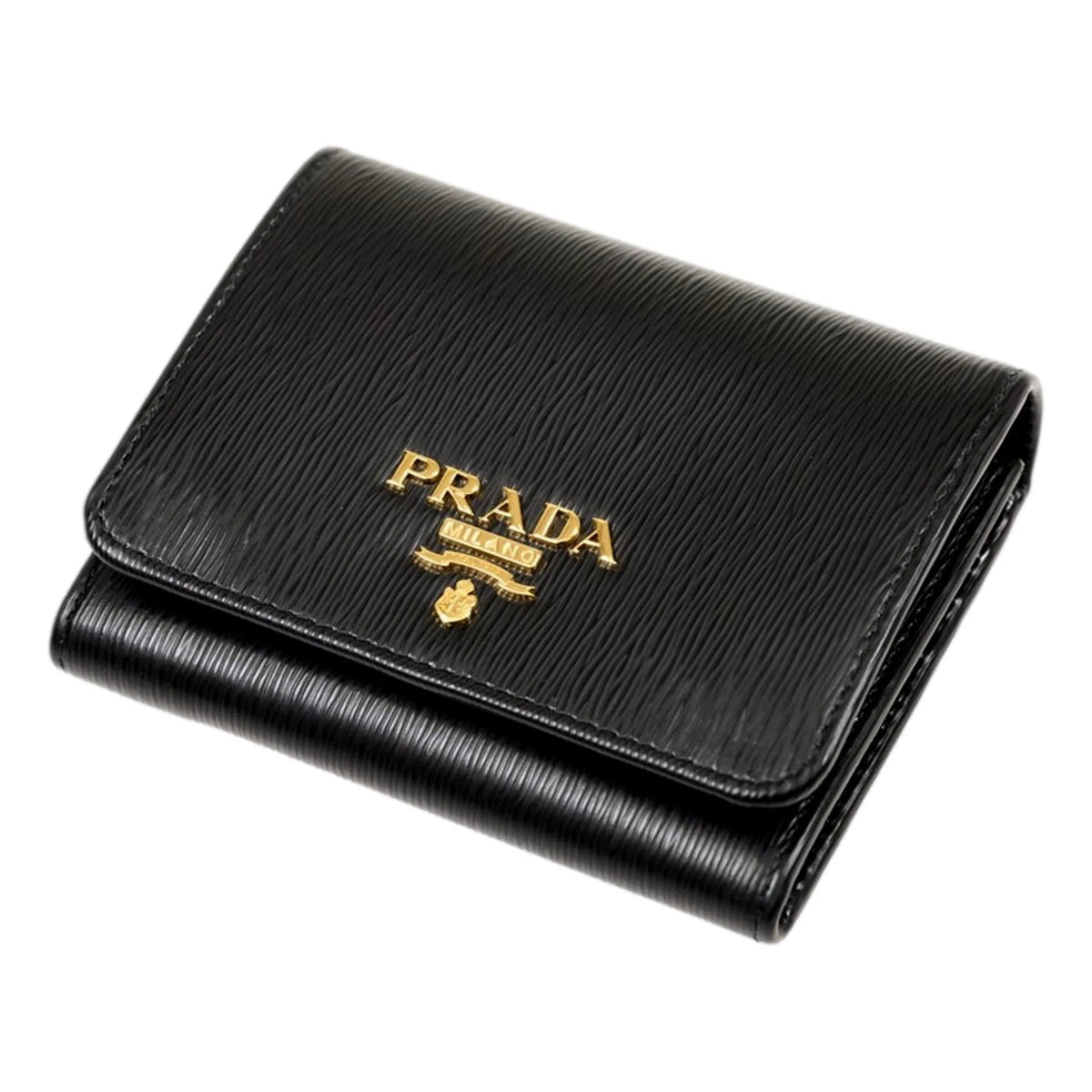 Prada Vitello Move Trifold Compact Wallet Black Leather Logo Plaque - Wallets - Clayton's Online Store