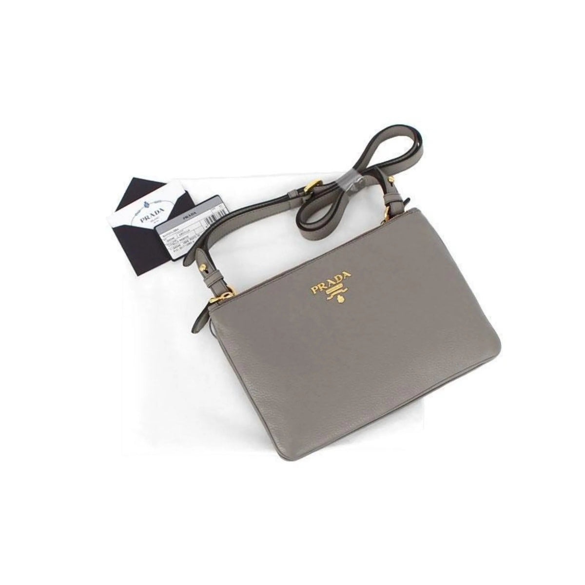 Prada Vitello Phenix Argilla Gray Leather Logo Plaque Crossbody Bag - Handbags - Clayton's Online Store