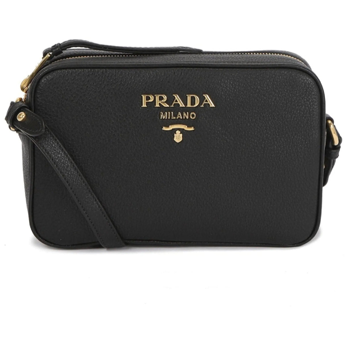 Prada Vitello Phenix Black Leather Gold Logo Camera Crossbody Bag - Handbags - Clayton's Online Store