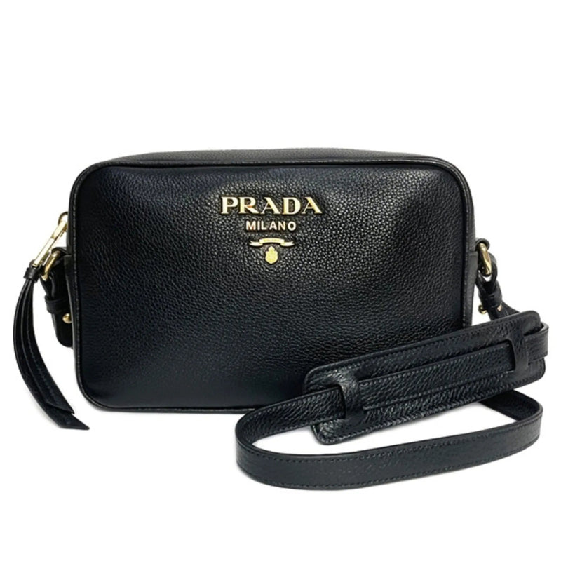 Prada Vitello Phenix Black Leather Gold Logo Camera Crossbody Bag - Handbags - Clayton's Online Store