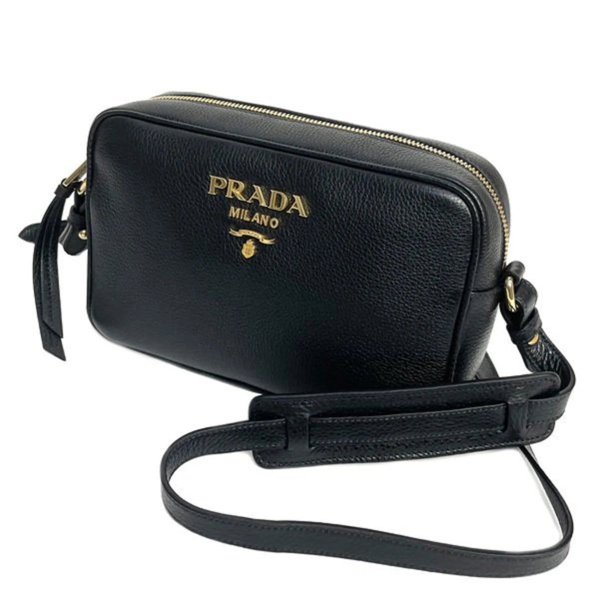 Prada Vitello Phenix Black Leather Gold Logo Camera Crossbody Bag - Handbags - Clayton's Online Store