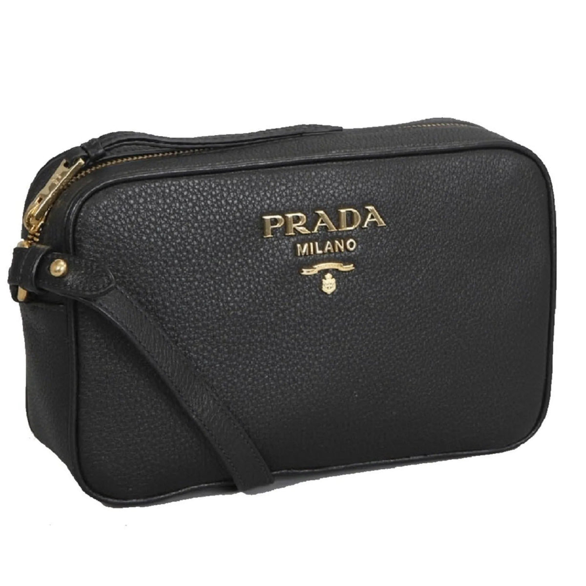 Prada Vitello Phenix Black Leather Gold Logo Camera Crossbody Bag - Handbags - Clayton's Online Store