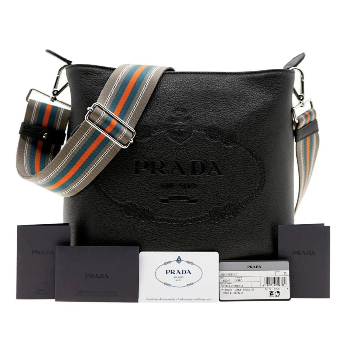 Prada Vitello Phenix Black Leather Web Strap Crossbody Bucket Bag - Handbags - Clayton's Online Store