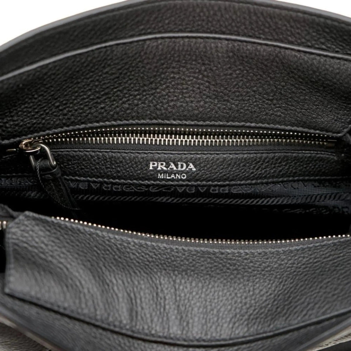 Prada Vitello Phenix Black Leather Web Strap Crossbody Bucket Bag - Handbags - Clayton's Online Store