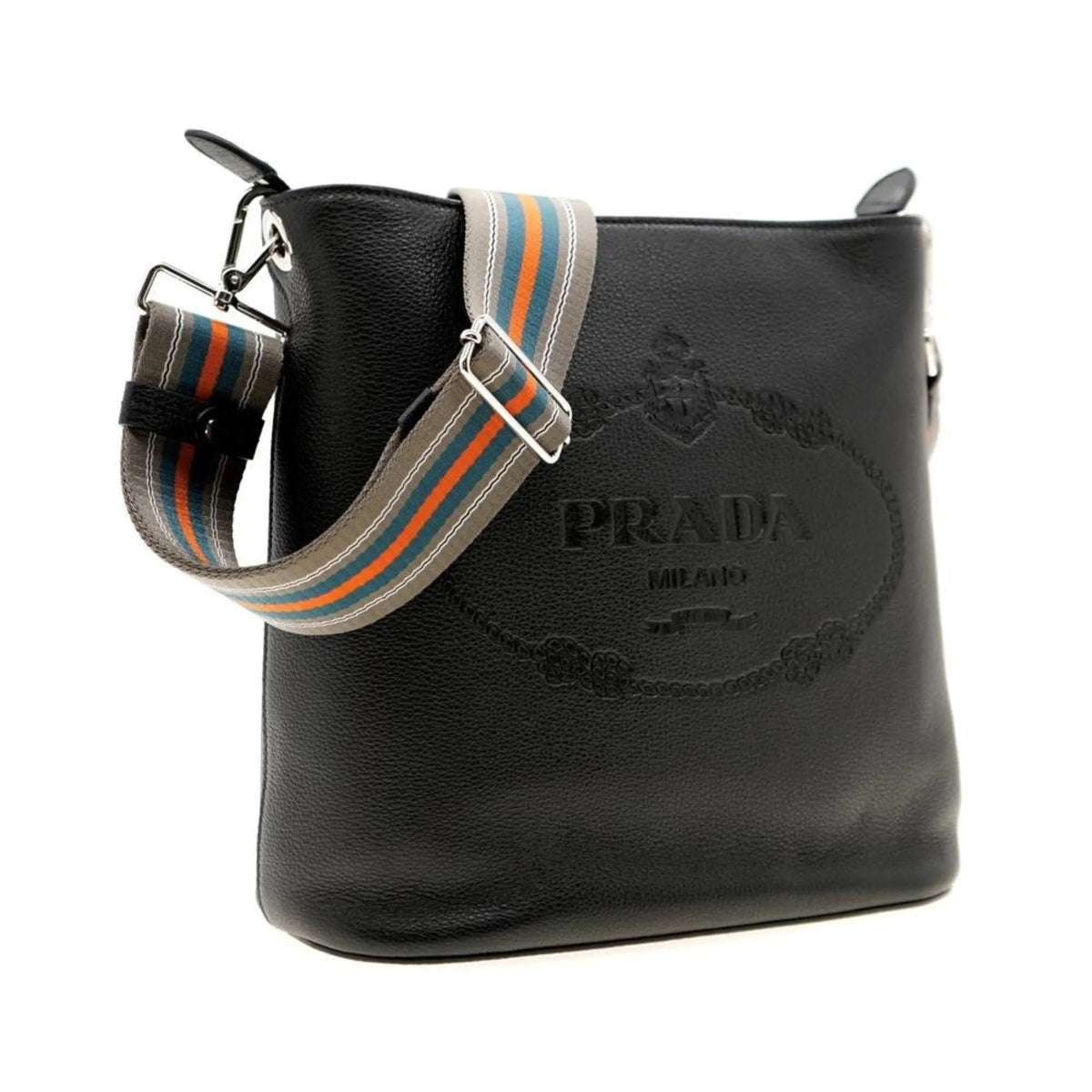 Prada Vitello Phenix Black Leather Web Strap Crossbody Bucket Bag - Handbags - Clayton's Online Store