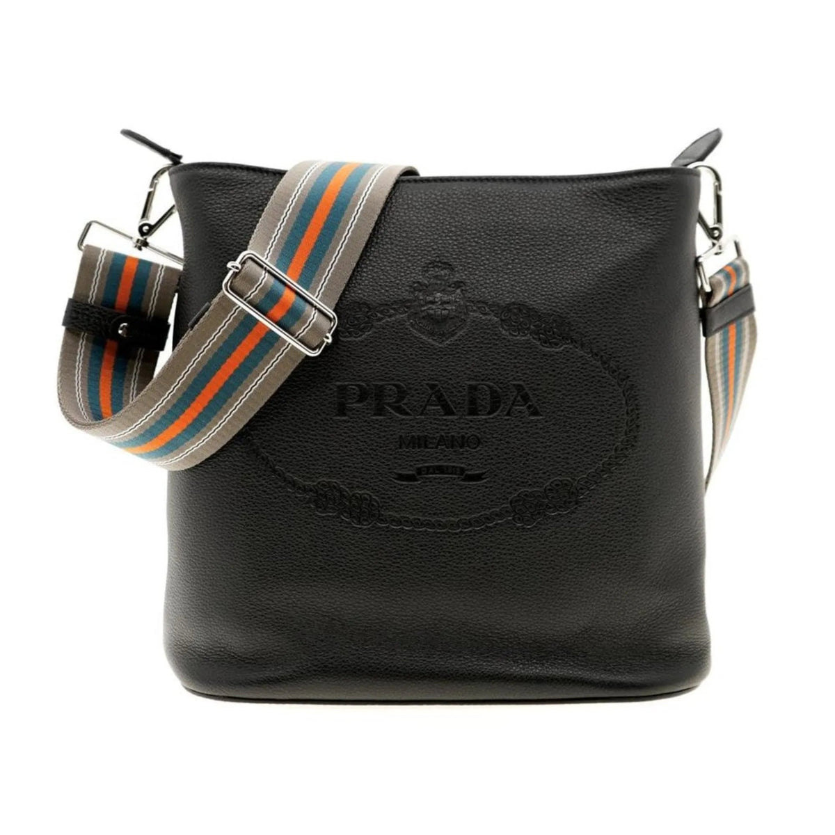 Prada Vitello Phenix Black Leather Web Strap Crossbody Bucket Bag - Handbags - Clayton's Online Store