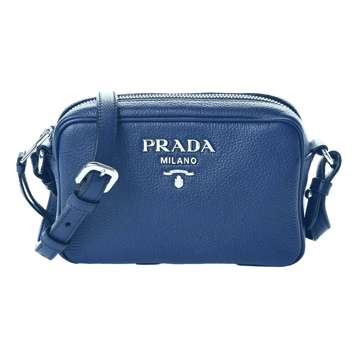 Prada Vitello Phenix Blue Leather Silver Logo Small Camera Crossbody Bag - Handbags - Clayton's Online Store