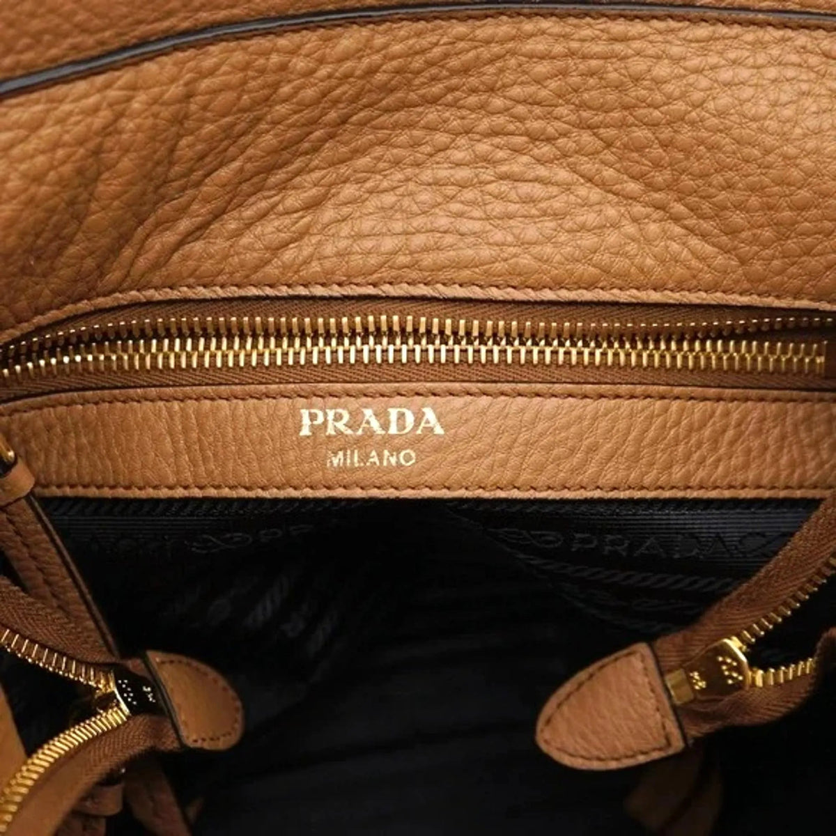 Prada Vitello Phenix Bucket Crossbody Bag Caramel Brown Web Strap - Handbags - Clayton's Online Store