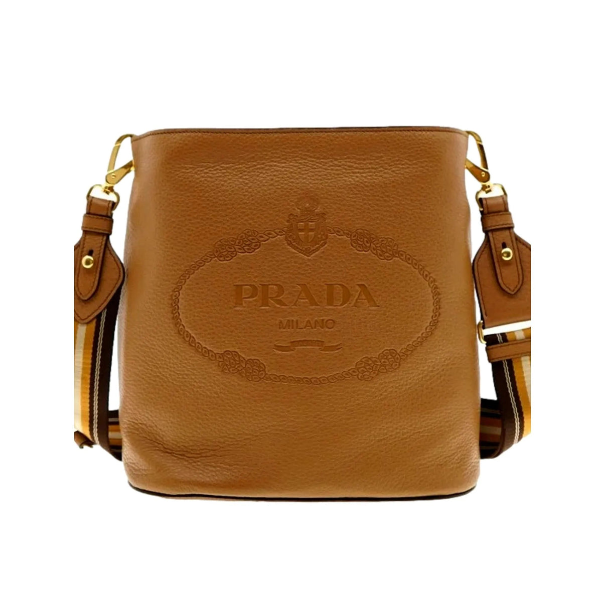 Prada Vitello Phenix Bucket Crossbody Bag Caramel Brown Web Strap - Handbags - Clayton's Online Store