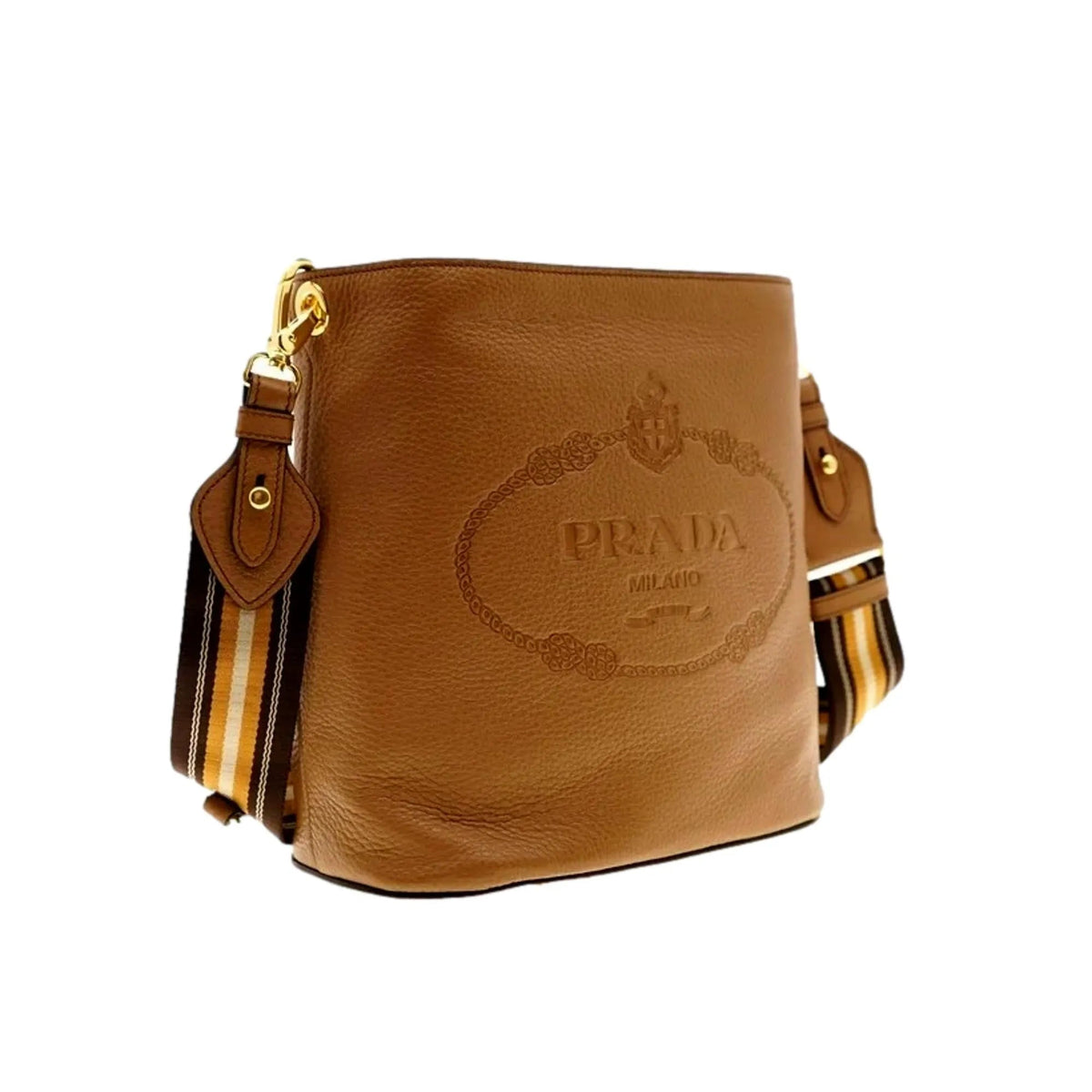 Prada Vitello Phenix Bucket Crossbody Bag Caramel Brown Web Strap - Handbags - Clayton's Online Store