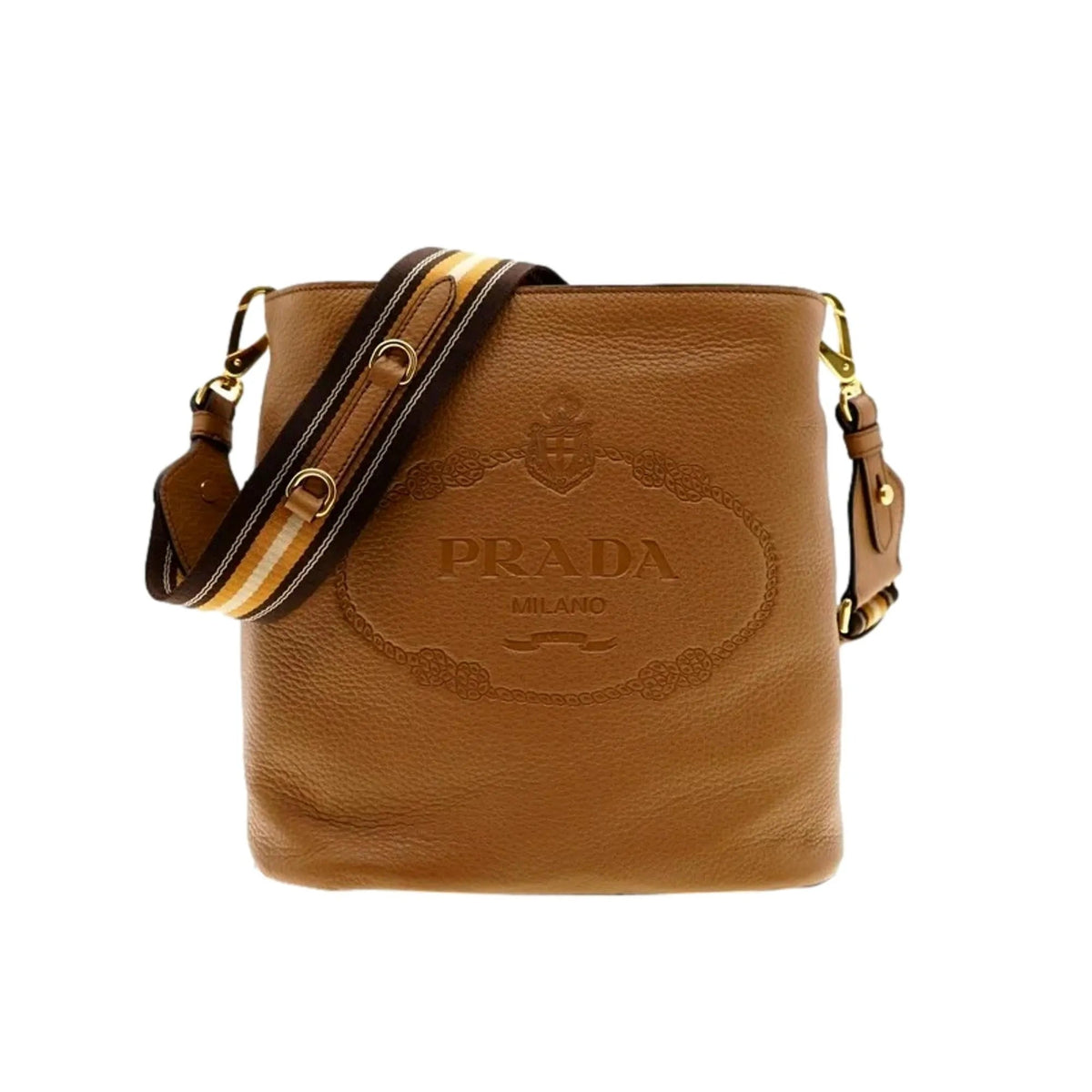 Prada Vitello Phenix Bucket Crossbody Bag Caramel Brown Web Strap - Handbags - Clayton's Online Store