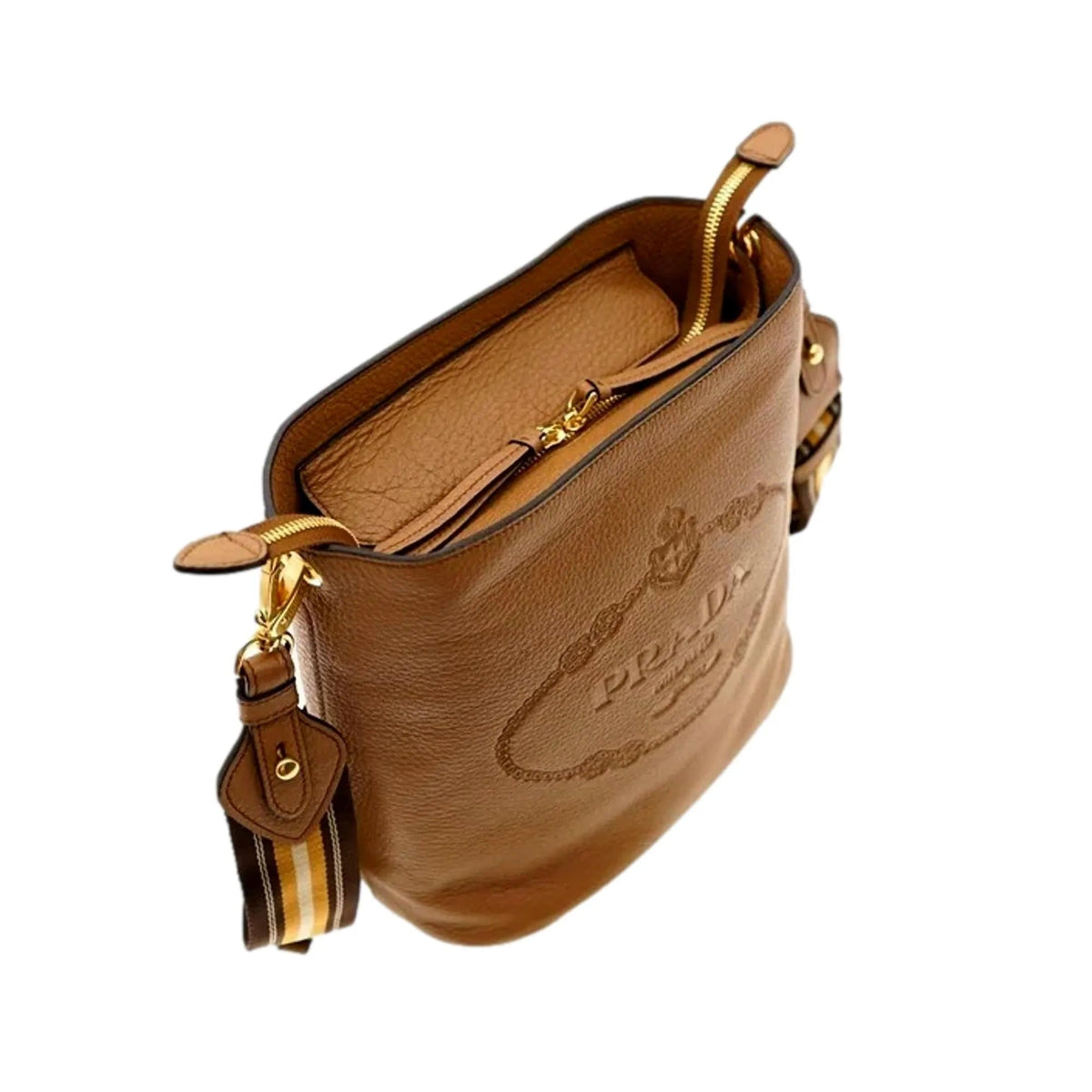 Prada Vitello Phenix Bucket Crossbody Bag Caramel Brown Web Strap - Handbags - Clayton's Online Store