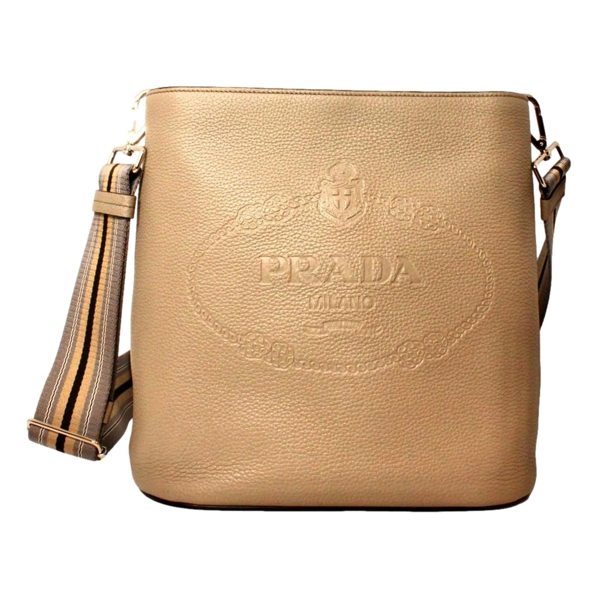 Prada Vitello Phenix Cammeo Leather Stripe Strap Bucket Bag - Handbags - Clayton's Online Store