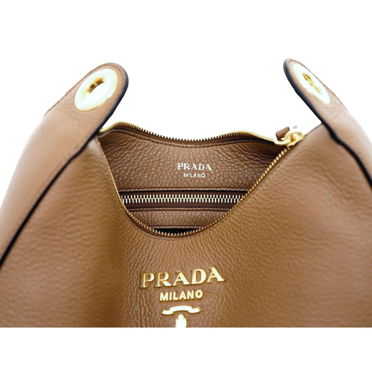 Prada Vitello Phenix Caramel Brown Leather Web Stripe Crossbody Bag - Handbags - Clayton's Online Store