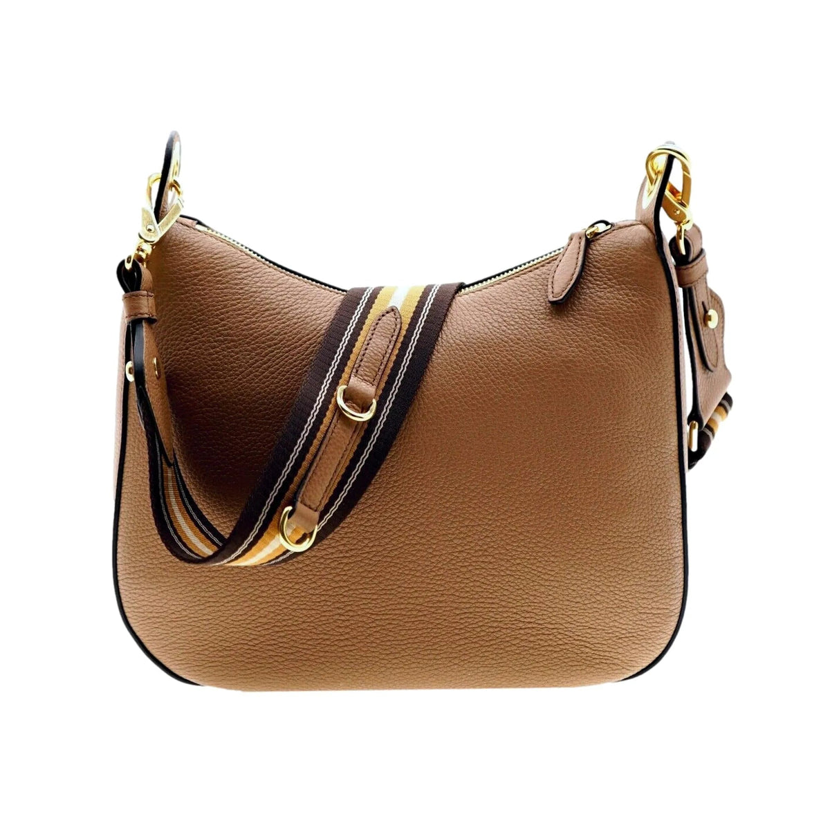 Prada Vitello Phenix Caramel Brown Leather Web Stripe Crossbody Bag - Handbags - Clayton's Online Store