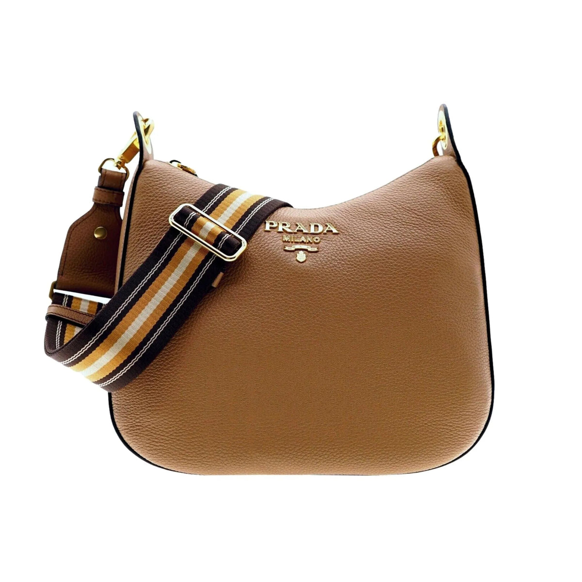 Prada Vitello Phenix Caramel Brown Leather Web Stripe Crossbody Bag - Handbags - Clayton's Online Store