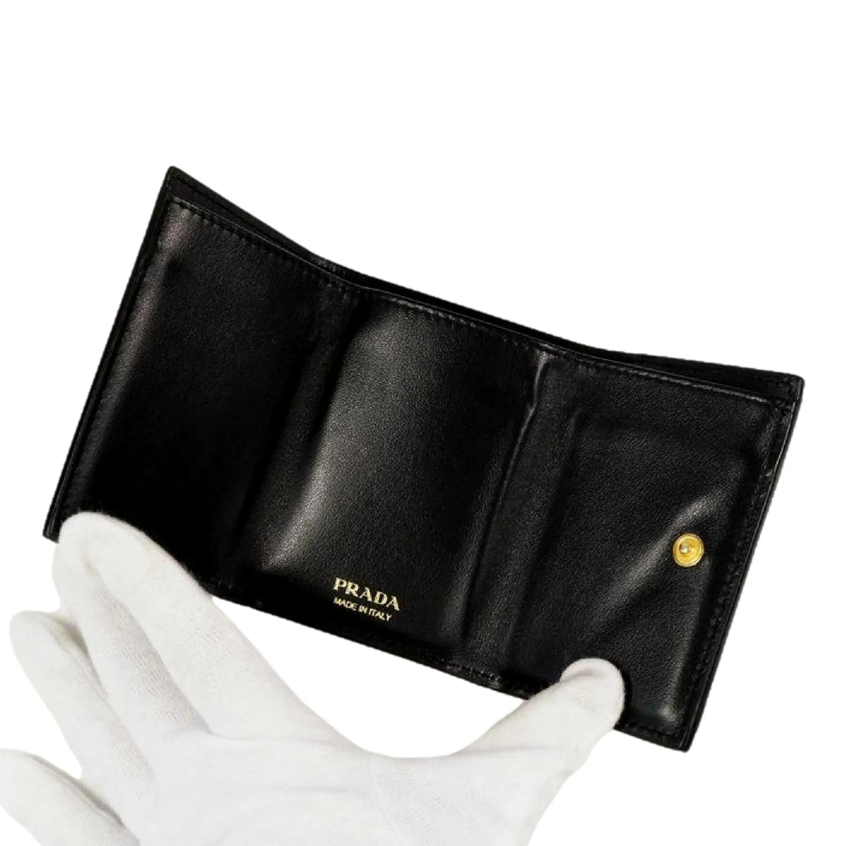 Prada Womens Vitello Move Black Leather Compact Envelope Trifold Wallet - Wallets - Clayton's Online Store