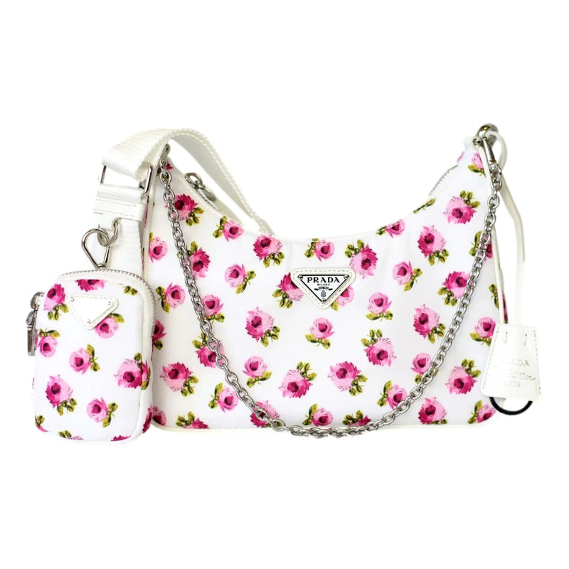 Prada Re-Edition Hobo Bag Tessuto Nylon Womens Mini Pink and White Floral