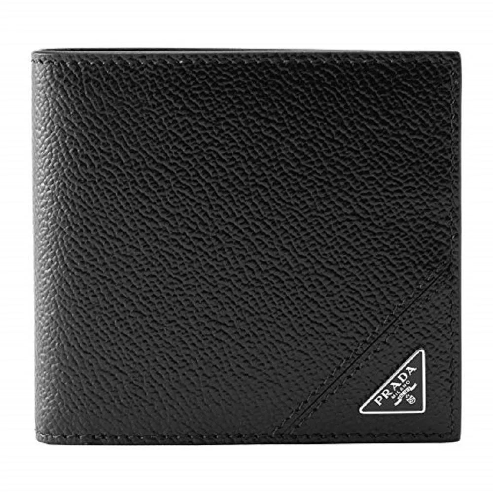 Prada Vitello Micro Grain Black Leather Triangle Logo Bifold Wallet