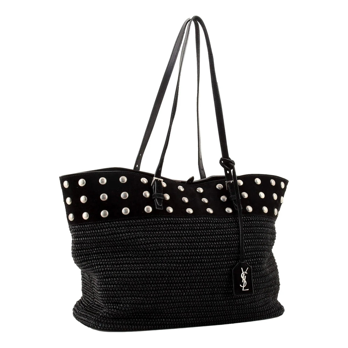 Saint Laurent Boucle Studded Black Raffia Leather Shopping Tote - Handbags - Clayton's Online Store